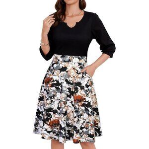 Womens 3/4 Sleeve Fit and Flare V Neck Pleated Fall Cocktail Dress with Pockets